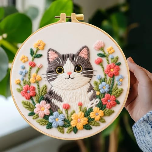 Zhenqing Kitten Embroidery Kit for Beginners, Pre-Printed 29x29cm Cotton Fabric with 20cm Hoop, Cute Cat in Flowers Design for Home Decor (C0243)