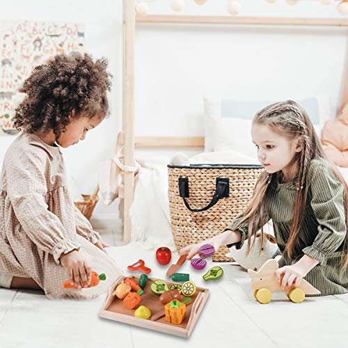 CARLORBO Wooden Toys Food for Kids Kitchen - Play Food Cutting Fruits and Vegetables Set for Pretend Role Play CARLORBO