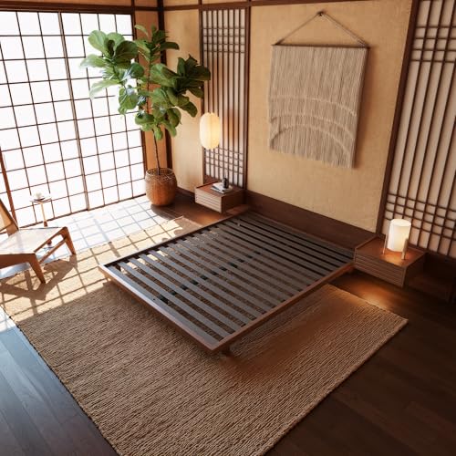 homary Japanese Style Queen Floor Bed Frame, 6.3" Low Profile Tatami Platform Bed with Carbon Steel Slats & Wood-Finished Metal Frame, No Box Spring Needed, Fits Queen Mattress 60" W x 80" L homary