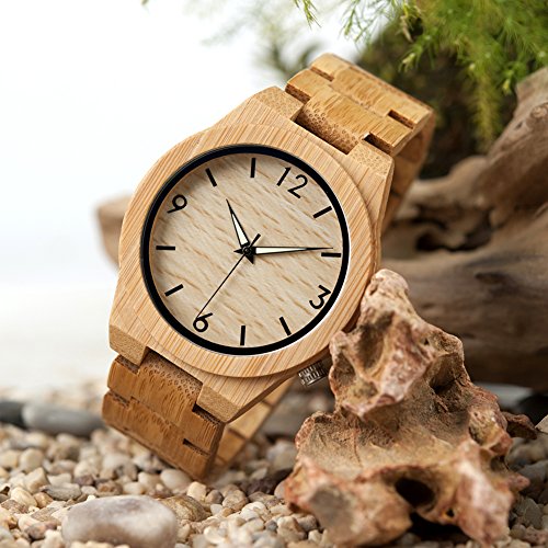 BOBO BIRD D27 Men's Bamboo Wooden Watch Numeral Scale Large Face Quartz Watch Lightweight Casual Sports Watches with Luminous Night Silver Pointer Gift Box BOBO BIRD
