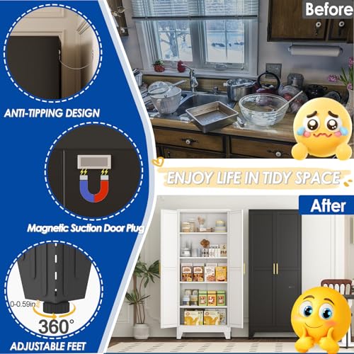 GAIOUS 71" Tall Metal Storage Cabinet with 2 Doors and 4 Adjustable Shelves, Kitchen Pantry Cabinet Black Freestanding Cupboard, 5 Tier Multifunctional Steel Storage for Office, Kitchen, Dining Room GAIOUS