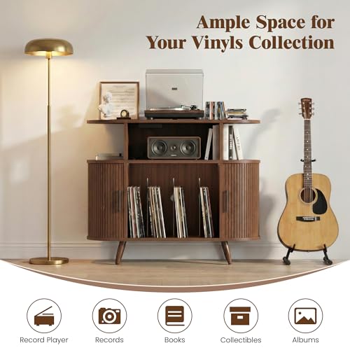 35” Mid Century Record Player Stand, Round Record Storage Cabinet with Charging Station, Turntable Stand Holds up to 150+ Albums, Vinyl Record Player Shelf for Media Stereo Audio, Living Room, Walnut Quelthar