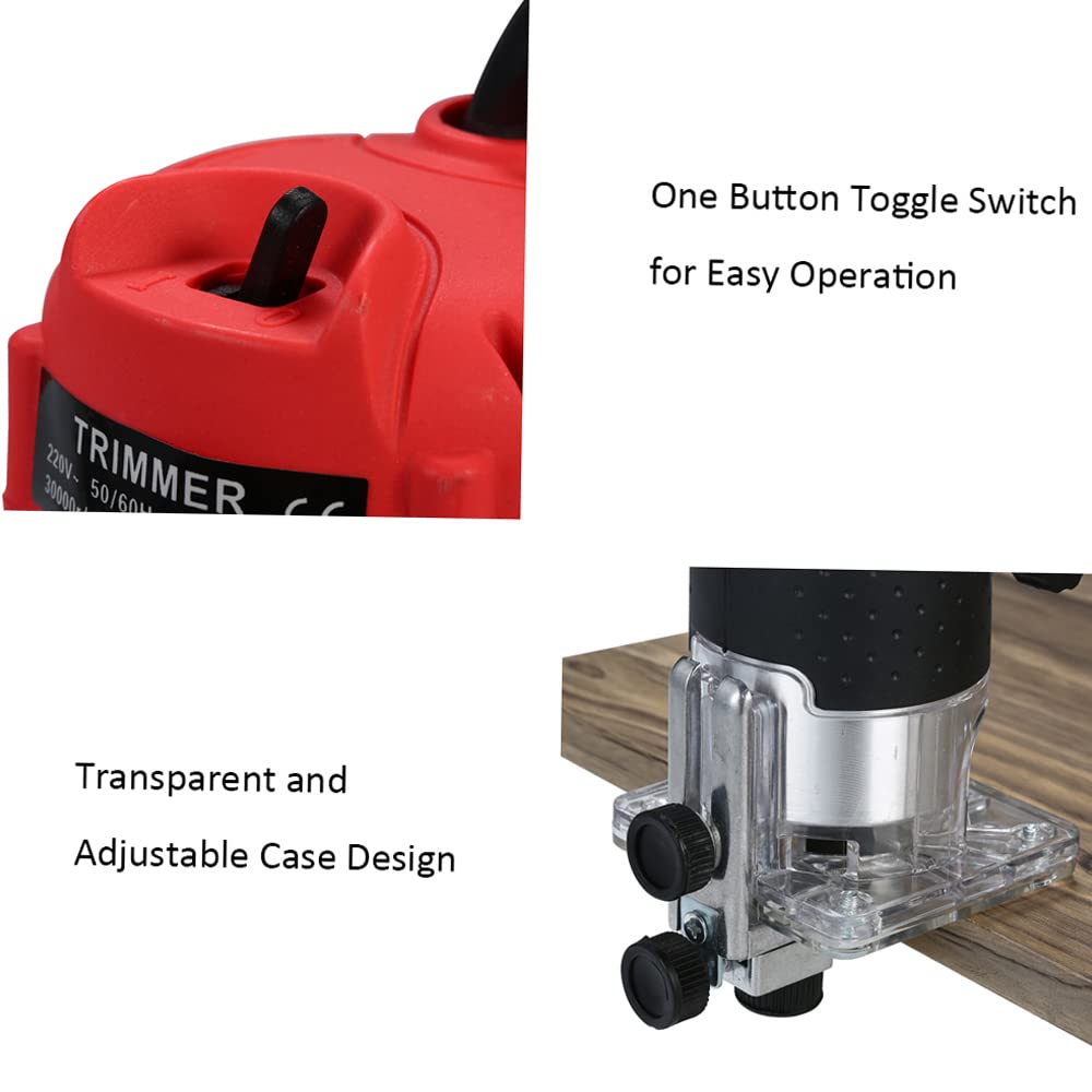 Wood Router, Weytoll 110V 800W Compact Router Tools 30000r/min with Transparent Base Edge Guide Electric Trimmer Compact Palm Router Corded for Woodworking Trimming Slotting Notching/Aluminum Red Weytoll