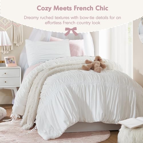Intelligent Design Twin Comforter Set Ruched Shabby Chic Comforters for Twin Size Bed, All Season Lightweight Comforter Twin, French Country Bedding Set, Sham, Ella, Twin/Twin XL, White, 2 Piece Intelligent Design