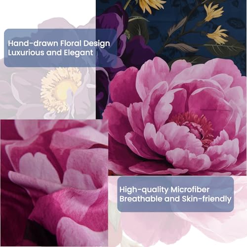 WONGS BEDDING Blue Comforter Set King Size, 7 Pieces Floral Bed in a Bag Set, Navy Blue and Pink Flower Bedding Set, Soft Microfiber for All Season with Pillowcases & Shams,Sheets(90"×104") WONGS BEDDING