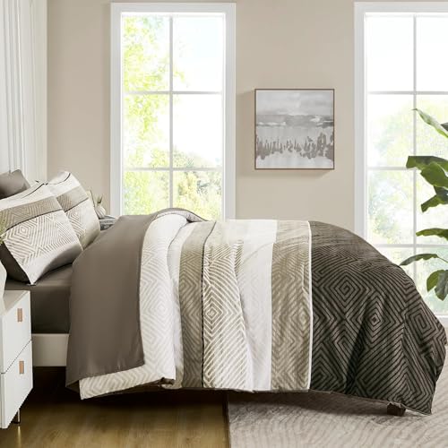 Drucon Brown Comforter Set King Size 7 Piece Bed in a Bag Striped Bedding Set Soft Microfiber Comforter and Sheet Set for All Season (King, 104"x90") Drucon