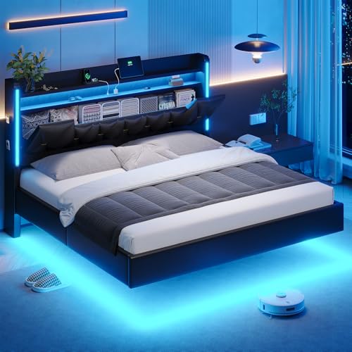BYSAUD Floating Bed Frame with Hidden Storage in The Openable Marshmallow Headboard,King Size Bed Frame with Charging Station Including 2 Standard Sockets & Led Lights,PU Leather (King) BYSAUD