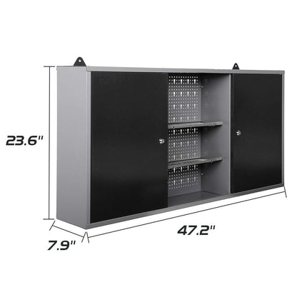 JZD Metal Wall Storage Cabinet with 2 Lockable Doors, for Home Office Garage Basement, Black & Grey, 47.2"x7.9"x23.6