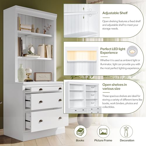 LUMISOL Modern White Pantry Sideboard Set with LED Lights and 6 Drawers - WoodArtSupply