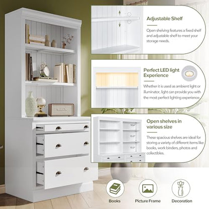 LUMISOL Modern White Pantry Sideboard Set with LED Lights and 6 Drawers - WoodArtSupply