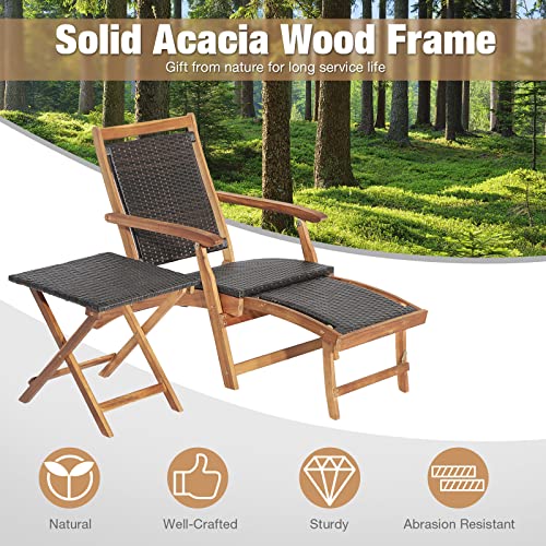 RELAX4LIFE Patio Chaise Lounge Chair Set of 3, Acacia Wood Folding Rattan Wicker Chairs w/Retractable Footrest, Side Table, 3-Piece Outdoor Patio Furniture, Fire Pit Deck Chairs Set for Porch Poolside