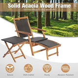 RELAX4LIFE Patio Chaise Lounge Chair Set of 3, Acacia Wood Folding Rattan Wicker Chairs w/Retractable Footrest, Side Table, 3-Piece Outdoor Patio Furniture, Fire Pit Deck Chairs Set for Porch Poolside