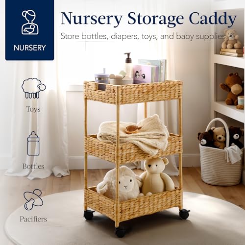 Best Choice Products 3-Tier Water Hyacinth Rolling Nursery Caddy w/Wheels, Utility Cart, Storage Organization for Bathroom, Craft Room, Laundry Room - Natural