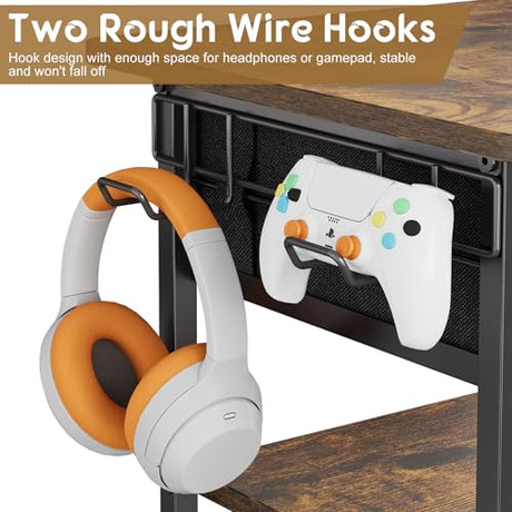 Hongtamoya 4-Tier AV Media Stand with Drawer, Video Game Console Shelf with 2 Hooks, Audio Rack Tower Perfect for/Xbox/ PS5/Switch/Game Consoles/DVD/Record Player/Projector/Sky Box/TV Accessories Hongtamoya