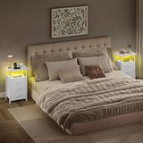 Vagusicc Night stand Set 2 with Charging Station, LED Nightstand for Bedroom, White Bedside Table with 3 Fabric Drawer, End Table Side Table with USB Ports & Outlets, Bed Side Table for Bedroom, White Vagusicc