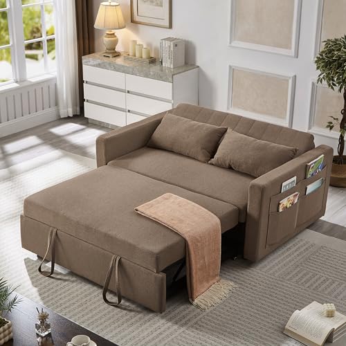 N NOORDENIYA 55.5" Fabric Convertible Sofa Bed, Pull Out Sleeper Sofa Bed, Loveseat Couch with Side Pocket, 3 in 1 Convertible Sleeper Sofa Bed for Living Room, Apartment, Bedroom, RV, Brown N NOORDENIYA