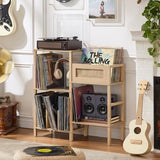 LELELINKY Record Player Stand, Natural Oak Wood Record Holder with Vinyl Storage Holds up to 300+ Albums, 3-Tier Rattan Media Table with Vinyl Display Shelf, Record Storage Cabinet for Living Room LELELINKY