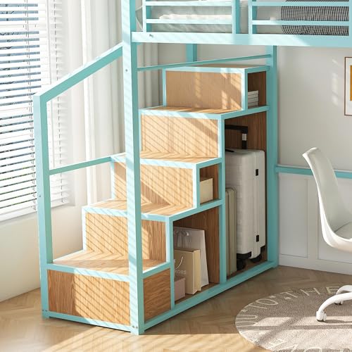 Ball & Cast Heavy Metal Full Size Loft Bed with Desk & Wardrobe,Bed Frame w/Built-in Staircase and Storage Rack,Gaming Bed w/Full-Length Guardrail,Space-Saving Bedroom Furniture for Adults,Green Ball & Cast