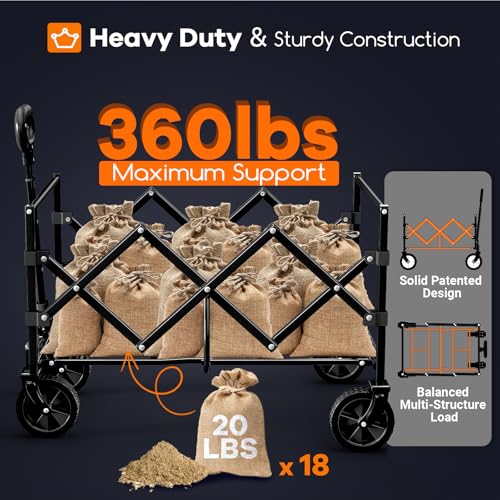 Originsure Collapsible Wagon Cart Foldable - Portable Heavy Duty Folding Beach Wagons with Wheels - Outdoor Utility Carts for Groceries, Shopping, Camping, Sports, Garden with Large Capacity - Black Originsure