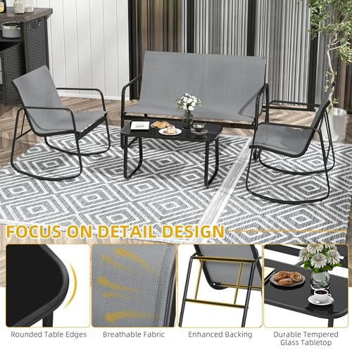 DWVO 4 Piece Patio Furniture Set, Outdoor Conversation Sets for Patio, Lawn, Garden, Poolside with Rocking Chair Set of 2 and Glass Coffee Table - Grey - WoodArtSupply