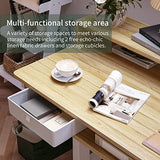 FEZIBO 63"x49" L Shaped Standing Desk with LED Strip & 2 Drawers, Upper and Lower Storage Shelves Available, Electric Height Adjustable, for Gaming, Office, Natural FEZIBO