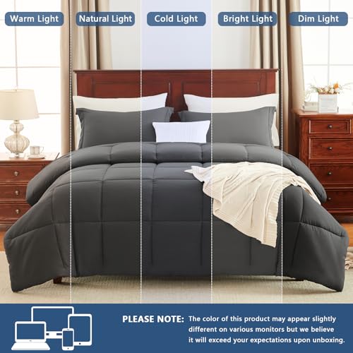 CozyLux Queen Comforter Set - Dark Grey Comforter Queen Size, 3 Pieces Box Stitched Bed Set for All Seasons, Soft Lightweight Bedding Sets with 1 Down Alternative Comforter and 2 Pillow Shams CozyLux