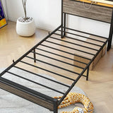 BOFENG Twin Bed Frame with Wood Headboard and USB Charging Station,Heavy Duty Metal Platform Single LED Bed Frame Twin Size with Storage No Box Spring Needed,Strong Steel Slats,Noise Free,Rustic Grey BOFENG