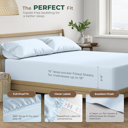THREAD SPREAD 100% Organic Cotton Sheets King Size - 4 PC Organic Cotton King Size Percale Weave Sheet Set, Soft, Cooling & Crisp, 16" Deep Pocket Hotel Quality Bedding Set - Light Blue THREAD SPREAD