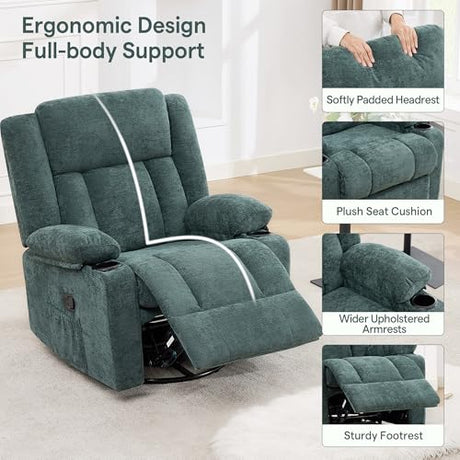 Hicosit Swivel Rocker Recliner Chair with Cup Holders, 360 Degree Rotating Nursery Rocking Chair, Manual Glider Recliner for Living Room (1, Green) Hicosit