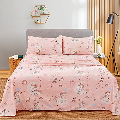 JSD Pink Unicorn Kids Sheet Set Twin Size, 3 Piece Girls Rainbow Printed Microfiber Bed Sheets Deep Pocket JSD