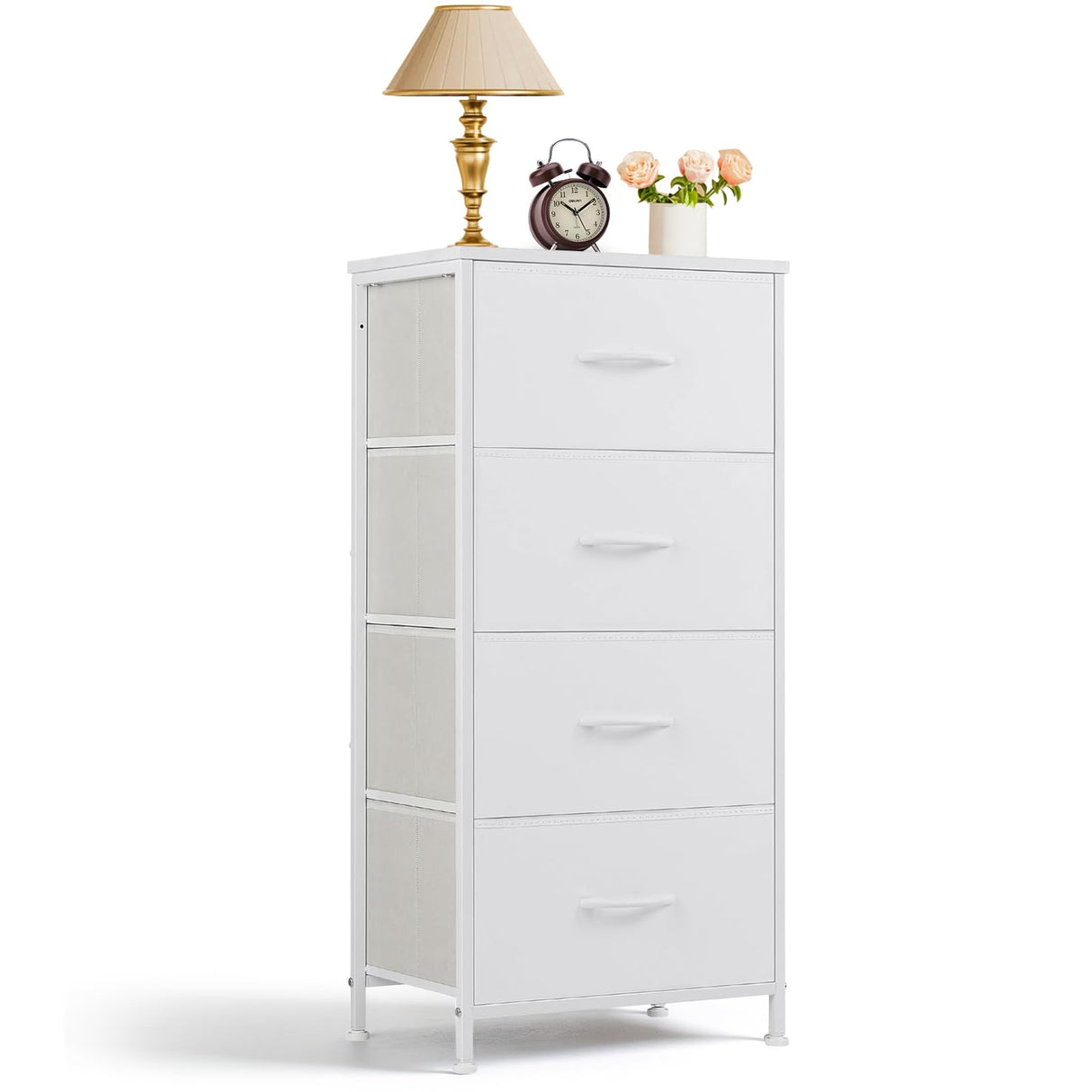 Nightstand, 4 Drawer Dresser End Table Bedside Furniture with Wooden Top Steel Frame Fabric Bins for Bedroom, Closet, Entryway, Dorm, Living Room, White SageNest