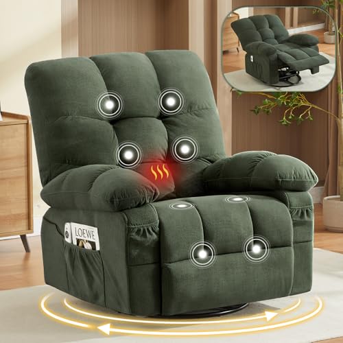 Oversized Recliner Chair for Adults w/ 8-Point 3D Kneading Massage and Lumbar Heating, Swivel Rocker Recliner w/USB Charge Port for Living Room, Ergonomic Lazy Boy Single Sofa Chair (Green)