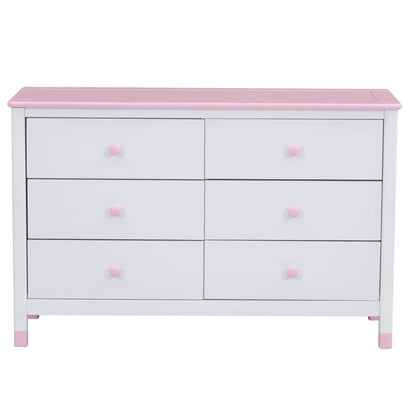 Harper & Bright Designs Wooden 6 Drawers Dresser, Modern Storage Cabinet with 6 Drawers, Cute Chest of Drawers with Round Handles for Girls Boys Kids' Room Bedroom,Hallway, Entryway,White+Pin - WoodArtSupply