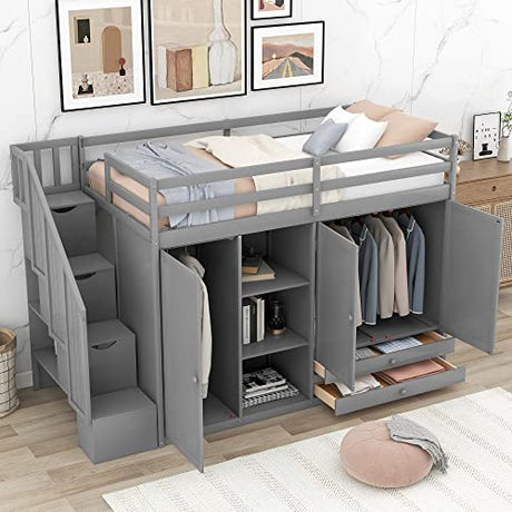 Ball & Cast Twin Size Loft Bed with 3 Shelves and 2 Wardrobes,Wooden Bedframe W/ 2 Drawers & Storage Ladder,Space Saving,Slat Support,Bedroom Furniture for Student Dorms,Guest Rooms,Gray Ball & Cast