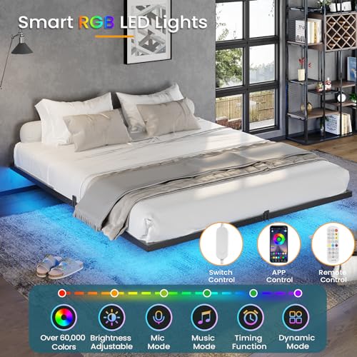 DICTAC Floating Bed Frame California King Size with LED Lights, Metal Platform Cal King Bed with Heavy Duty Steel Slats and 4 Mattress Slide Stopper, Black DICTAC