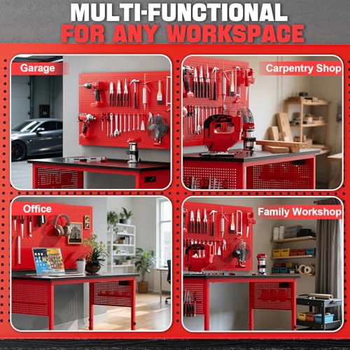 Work Bench, Ferreteriai 47" Heavy Duty Workbench with Power Outlet & USB-C, Exclusive Red Side Battery Holder, Adjustable Height, 2100LB Capacity, Locking Wheels for Garage Workshop Ferreteriai