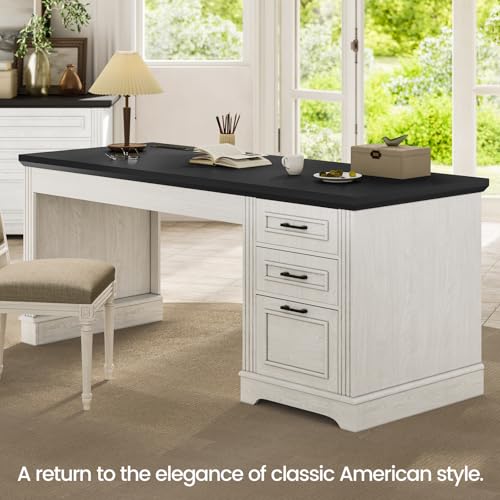Itaar Farmhouse 55" Executive Desk, Computer Desk with Storage Drawers and Power Outlet, Home Office Desk, Workstation for Office Home, White Itaar