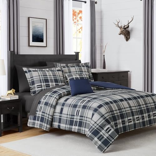 MaiRêve Full Size Comforter Set Navy Blue, Plaid Design Comforter Set 7 Pieces, All Season Comfortable Bedding Sets Full, Lightweight, Soft and Warm (Navy Blue, Full) MaiRêve