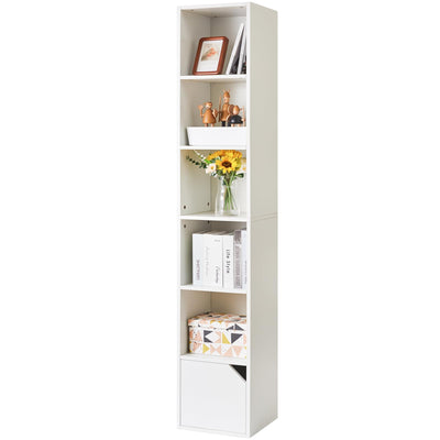 IBUYKE 6 Tier Narrow Bookcase with Doors, Cube CD DVD Storage Cabinet,Slim Media Tower Rack,Cabinet,White Bookcase Display Storage Shelves for Small Spaces,for Home Office White UWBC001W