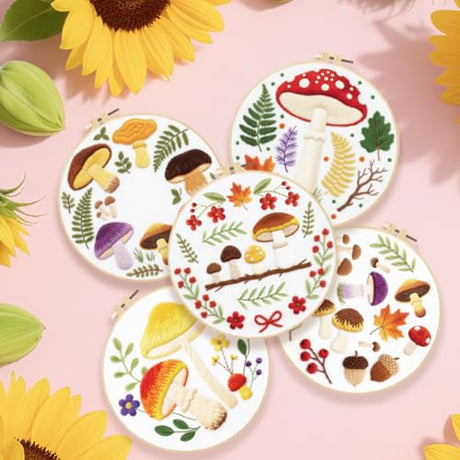 ACRNIGHEET 5PCS Embroidery Kit for Beginners Adults, Mushroom Embroidery Kit, Embroidery Starter Kit with Instructions, Including 5 Stamped Embroidery Cloth Hoops Threads, Crafts Gift Idea ACRNIGHEET