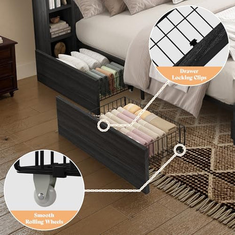 AMERLIFE 45'' Farmhouse King Bed Frame with 4 Drawers, LED Bed Frame with Bookcase Headboard & Side Shelves, Wood Platform Bed with Charging Station, Black AMERLIFE
