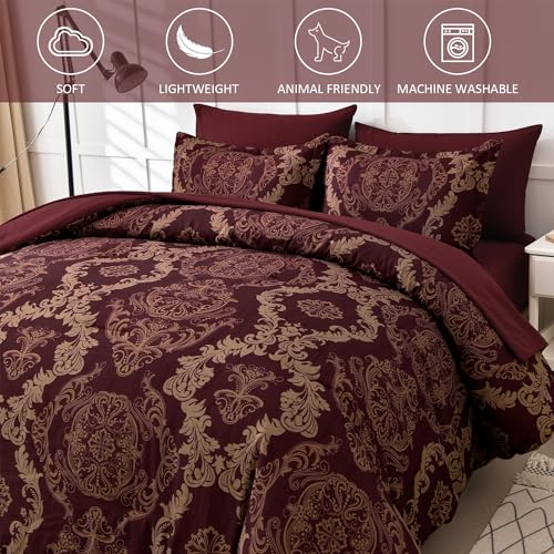 WONGS BEDDING Burgundy Comforter Set Queen Size, Maroon Damask Texture 7 Pieces Bed in a Bag Microfiber Comforter Bedding Sets -1 Comforter, 1 Flat Sheet, 1 Fitted Sheet, 2 Pillow Shams, 2 Pillowcases WONGS BEDDING