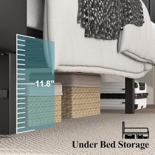 King Size Bed Frame with Star Projector & Charging Station, PU Leather Upholstered Platform with 2-Tier Storage Headboard & Storage Ottoman, Metal Support, Noise-Free, No Box Spring Needed, Black E-Motie