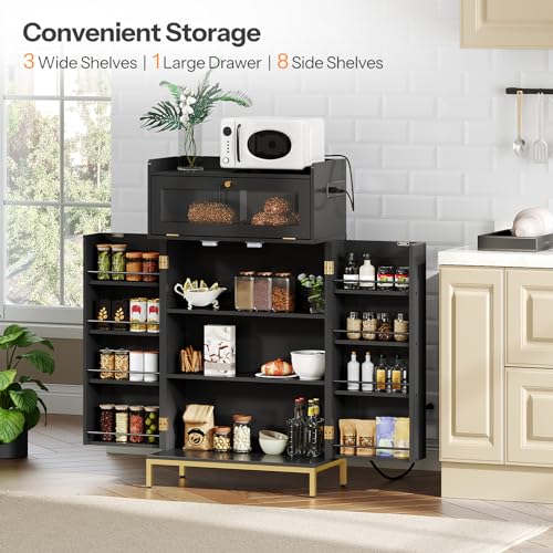 HOOBRO Pantry Cabinet with Charging Station, Kitchen Pantry Cabinet with LED Light and Storage Shelves, Kitchen Pantry with Acrylic Drawer Door for Kitchen, Dining Room, Black and Gold DB22UD - WoodArtSupply