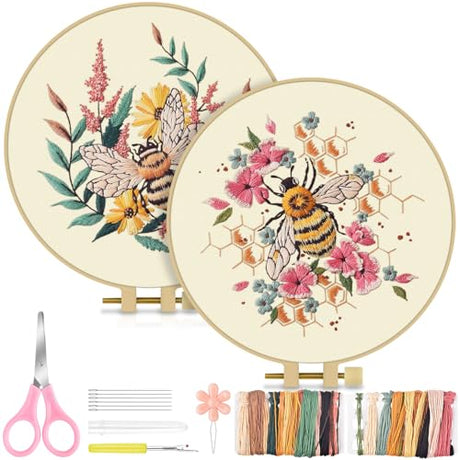 TINDTOP 2 Pack Embroidery Kit for Adult, Embroidery DIY Starter Kit, with Stamped Patterns, Hoop, Tools, Colorful Threads with Needles, Instructions (Bee) TINDTOP