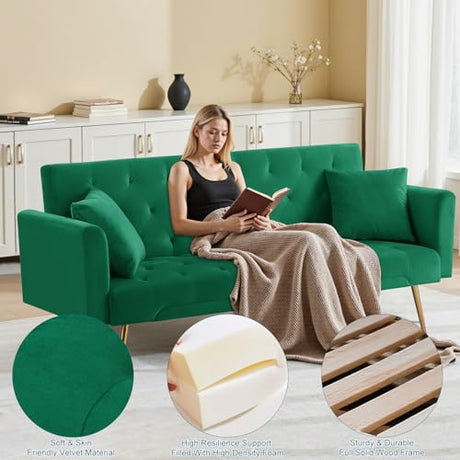 71.65'' Convertible Sofa Bed Modern Futon Set, Velvet Foldable Reclining Loveseat, Three Adjustment Angles,Mid Century Modern Couches for Living Room/Bedroom/Apartment, Easy Assembly,Green Meqiodas