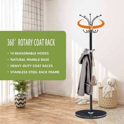 LOZABEE Metal Heavy Duty Coat Rack Stand, Modern Freestanding Coat Rack with Natural Marble Base, 360° Roraty Coat Racks with 14 Hooks, Black Coat Hall Tree Hanger Stand for Entryway, Office