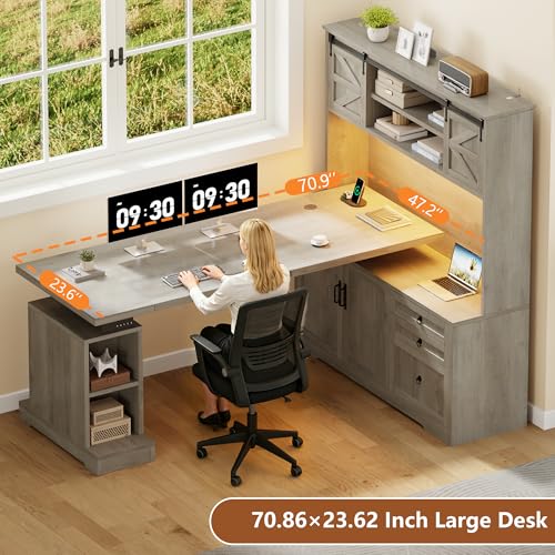 Homiflex 70.86" Farmhouse L Shaped Standing Desk with Hutch Electric Height Adjustable Desk with Storage Corner Computer Desk with File Drawer Power Outlets LED Gaming Desk with Sliding Door, Grey Homiflex