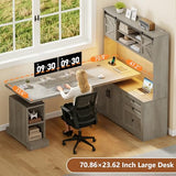 Homiflex 70.86" Farmhouse L Shaped Standing Desk with Hutch Electric Height Adjustable Desk with Storage Corner Computer Desk with File Drawer Power Outlets LED Gaming Desk with Sliding Door, Grey Homiflex