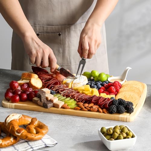 Hiware 3-Piece Extra Large Wooden Cutting Boards For Kitchen, Bamboo Cutting Board with Holder, Wood Cutting Board Set, Heavy Duty Chopping Board for Meat, Serving Tray Set- Two Tone HIWARE